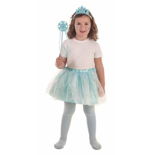 Ett glatt barn i åldern 3-6 år poserar i ett blått Snöprinsessa-maskeraddräktskit som inkluderar en tiara, trollstav och tyllkjol.