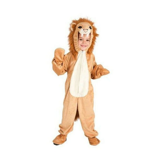 Ett glatt barn står klädd i en mjuk, brun och beige dräkt som föreställer en lejonunge med huva och stora framträdande huggtänder.