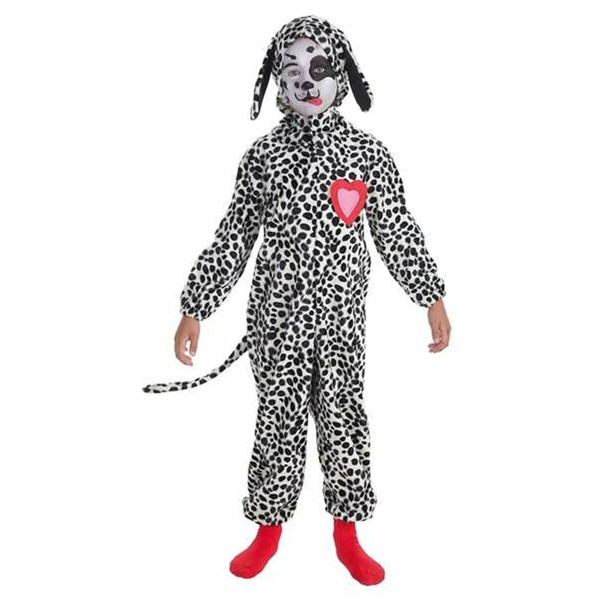 Ett barn poserar i en svartvit dalmatinerdräkt med prickar, som inkluderar en jumpsuit och en matchande huva med hängande öron. Dräkten har ett rosa hjärta på bröstet.