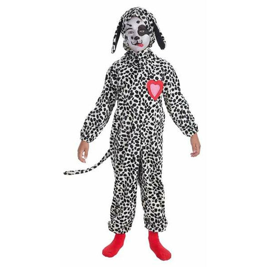 Ett barn poserar i en svartvit dalmatinerdräkt med prickar, som inkluderar en jumpsuit och en matchande huva med hängande öron. Dräkten har ett rosa hjärta på bröstet.