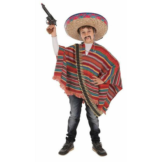 Ett barn klädd i en färgglad mexikansk poncho och en stor stråhatt (sombrero), hållandes upp en leksakspistol.