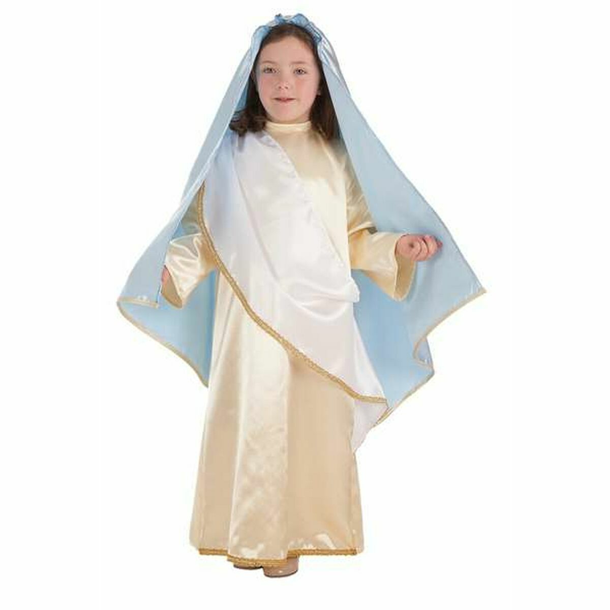 Ett barn med långt brunt hår bär en maskeraddräkt som föreställer Jungfru Maria, bestående av en krämfärgad lång klänning och en ljusblå mantel med guldkanter över axlarna.