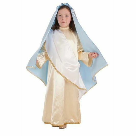 Ett barn med långt brunt hår bär en maskeraddräkt som föreställer Jungfru Maria, bestående av en krämfärgad lång klänning och en ljusblå mantel med guldkanter över axlarna.