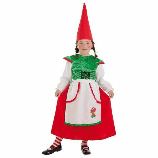 Ett litet barn klädd i en söt Gnom-maskeraddräkt med en lång röd spetsig hatt, grön sammetsväst, röd kjol och ett vitt förkläde med en liten svampdetalj.