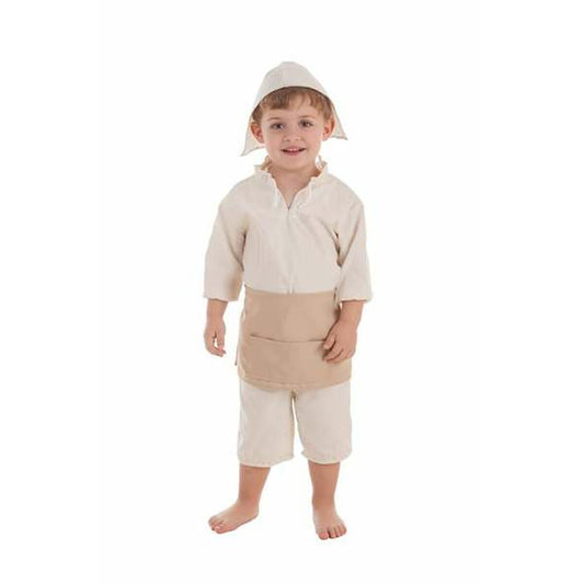 Ett litet barn leende i en vit och beige Molinero-maskeraddräkt bestående av hatt, skjorta, förkläde och korta byxor.