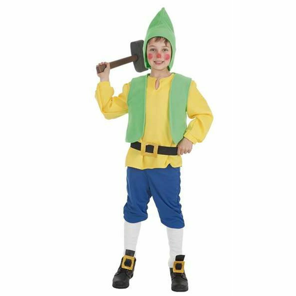 Ett glatt barn iklädd en gul och grön Gnom-maskeraddräkt, komplett med spetsig mössa och hållandes en leksakshammar.