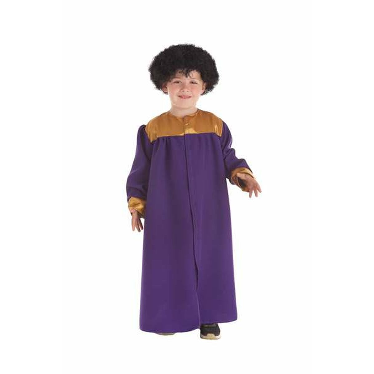 Ett glatt barn i en lång, lila gospeldräkt med guldfärgade axlar och en stor afroperuk, redo för fest.