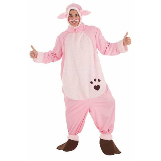 En glad person i en stor, fluffig rosa och vit grisdräkt i storlek L, som ger tummen upp.