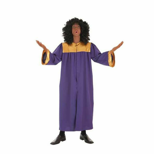 En vuxen person klädd i en lång, lila gospel-sångardräkt med gulddetaljer på axlar och ärmar, kompletterad med en stor svart afro-peruk.