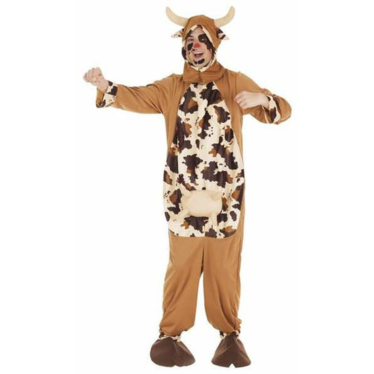 En person i en brun och vit fläckig ko-maskeraddräkt med huva och horn, komplett med fotskydd.