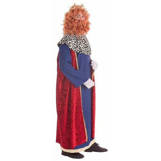 En vuxen person klädd i en kunglig maskeraddräkt bestående av en blå tunika, en röd mönstrad mantel, en leopardmönstrad krage, vit handskar, en orange peruk med skägg och en guldkrona.