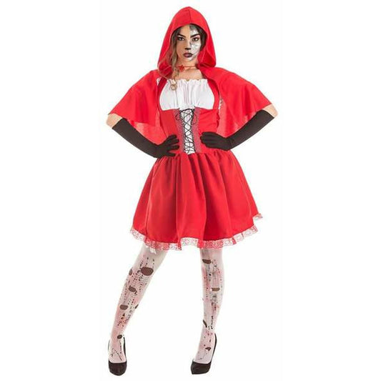 En kvinna klädd i en Halloween-maskeraddräkt som föreställer en mörkare version av Rödluvan, med röd klänning, huva, svarta handskar och trasiga vita stockings.