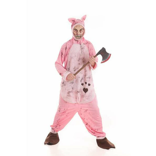 En vuxen person iklädd en rosa, smutsig zombiegrisdräkt med huva, som håller en blodig yxa.
