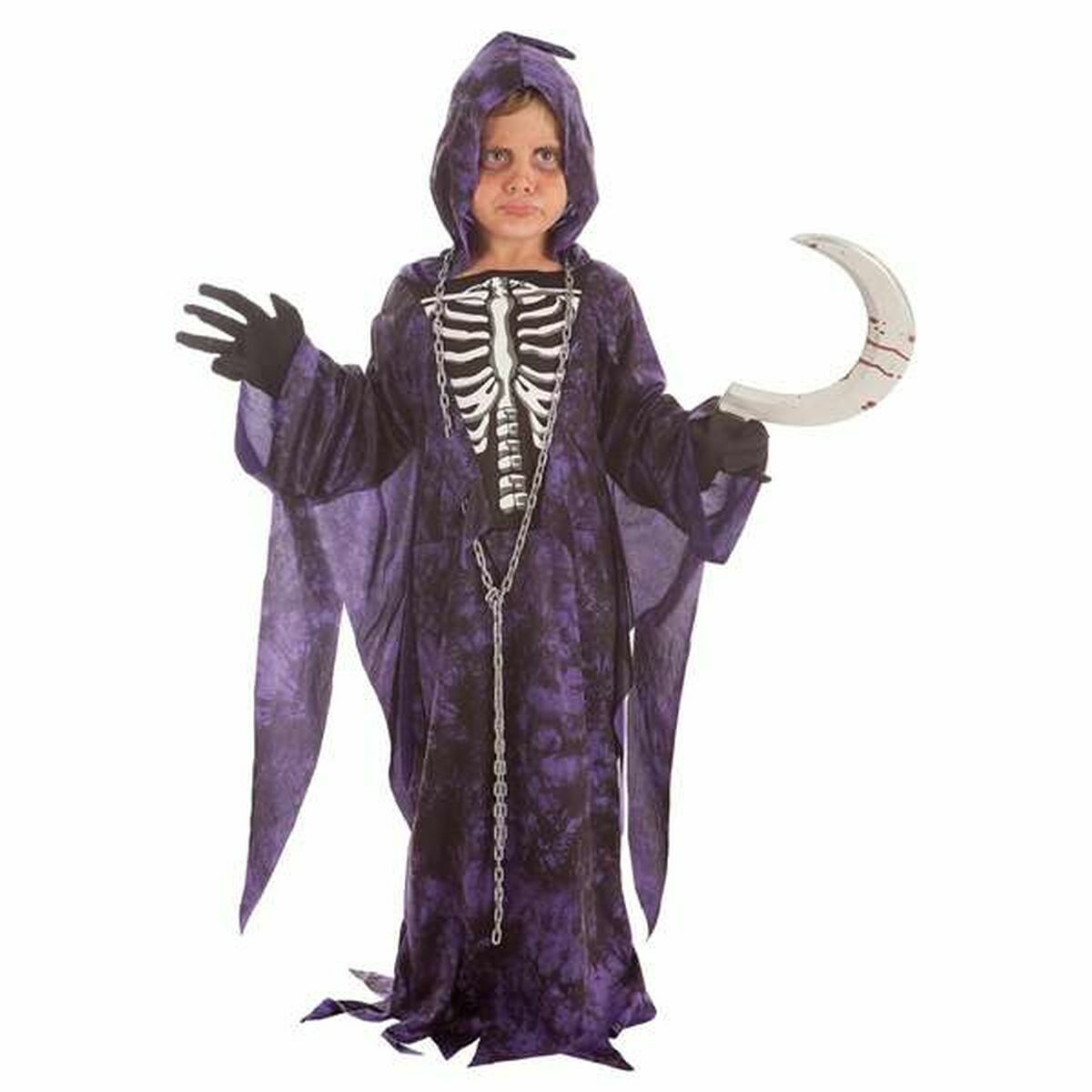 Ett barn poserar i en lila och svart dödsängladräkt (Reaper) med huva, tryckt skelett på framsidan och kedjedetaljer, hållandes ett vitt, blodfläckigt lieblad.