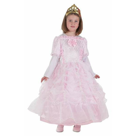 Ett barn klädd i en fluffig ljusrosa prinsessklänning med långa ärmar och en guldkrona på huvudet.