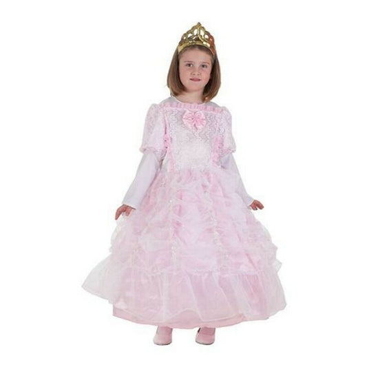 Ett barn i en stor, rosa prinsessklänning med volanger och spetsdetaljer, som bär en guldig tiara på huvudet.