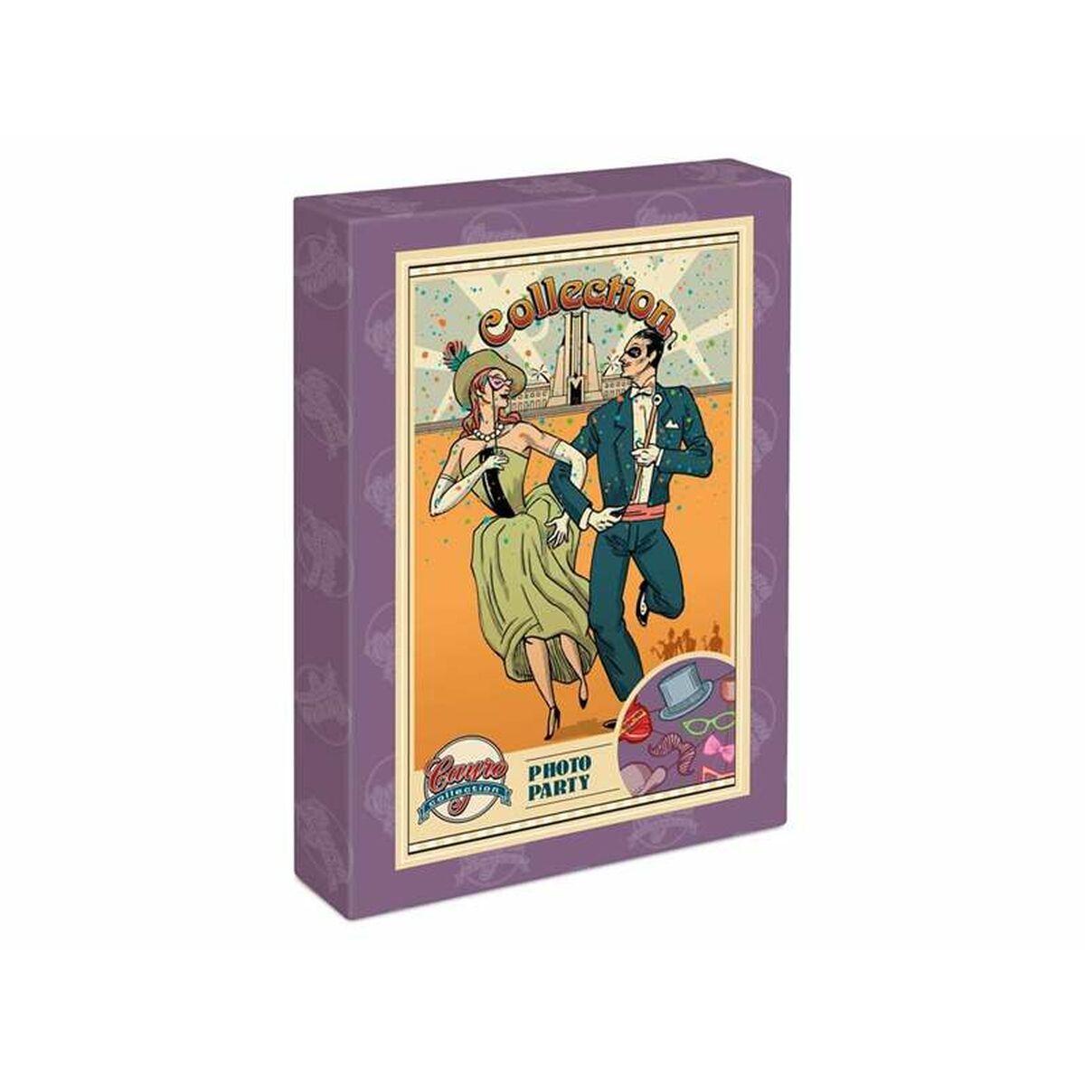 En lila låda märkt 'Cayro Collection Photo Party' som visar en tecknad bild av en man och kvinna i 1920-talskläder som dansar, samt små utstansade tillbehör som hattar och glasögon.