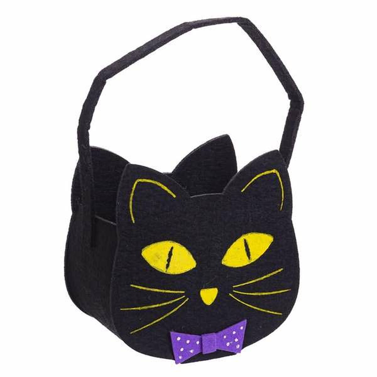 En söt godispåse formad som ett svart kattansikte med gula ögon och en lila prickig fluga.