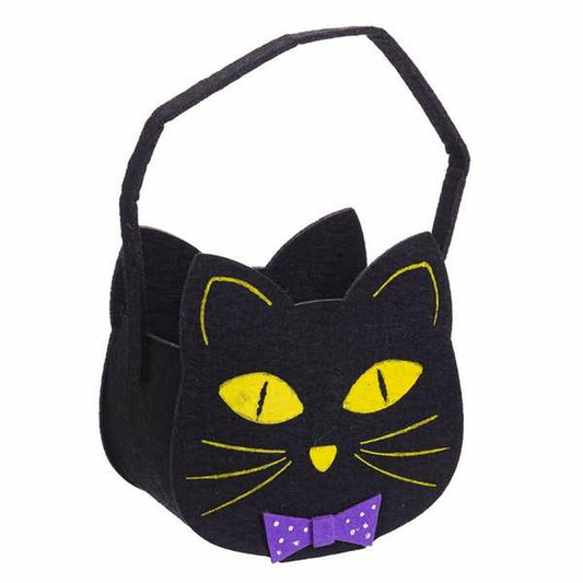 En söt godispåse formad som ett svart kattansikte med gula ögon och en lila prickig fluga.