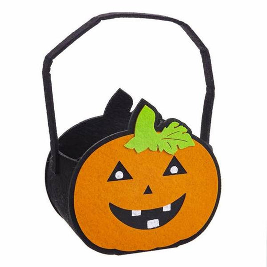 En söt orange pumpa godisväska med ett glatt ansikte och ett grönt blad på toppen.