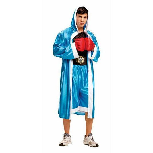 Man iklädd en glansig turkos boxningsmorgonrock med vita kanter, matchande shorts, ett mästarbälte och röda boxningshandskar.