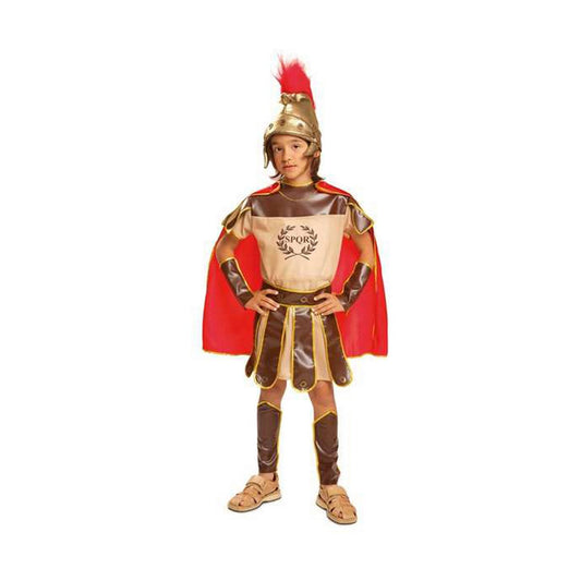 Ett barn klädd i en komplett romersk maskeraddräkt med guldfärgad hjälm, röd mantel, brun tunika och benlindor.