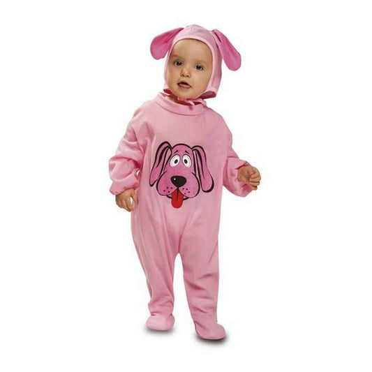 En söt bebis poserar i en helkropps rosa jumpsuit med en stor, tecknad rosa hund på magen och matchande huva med hängande öron.