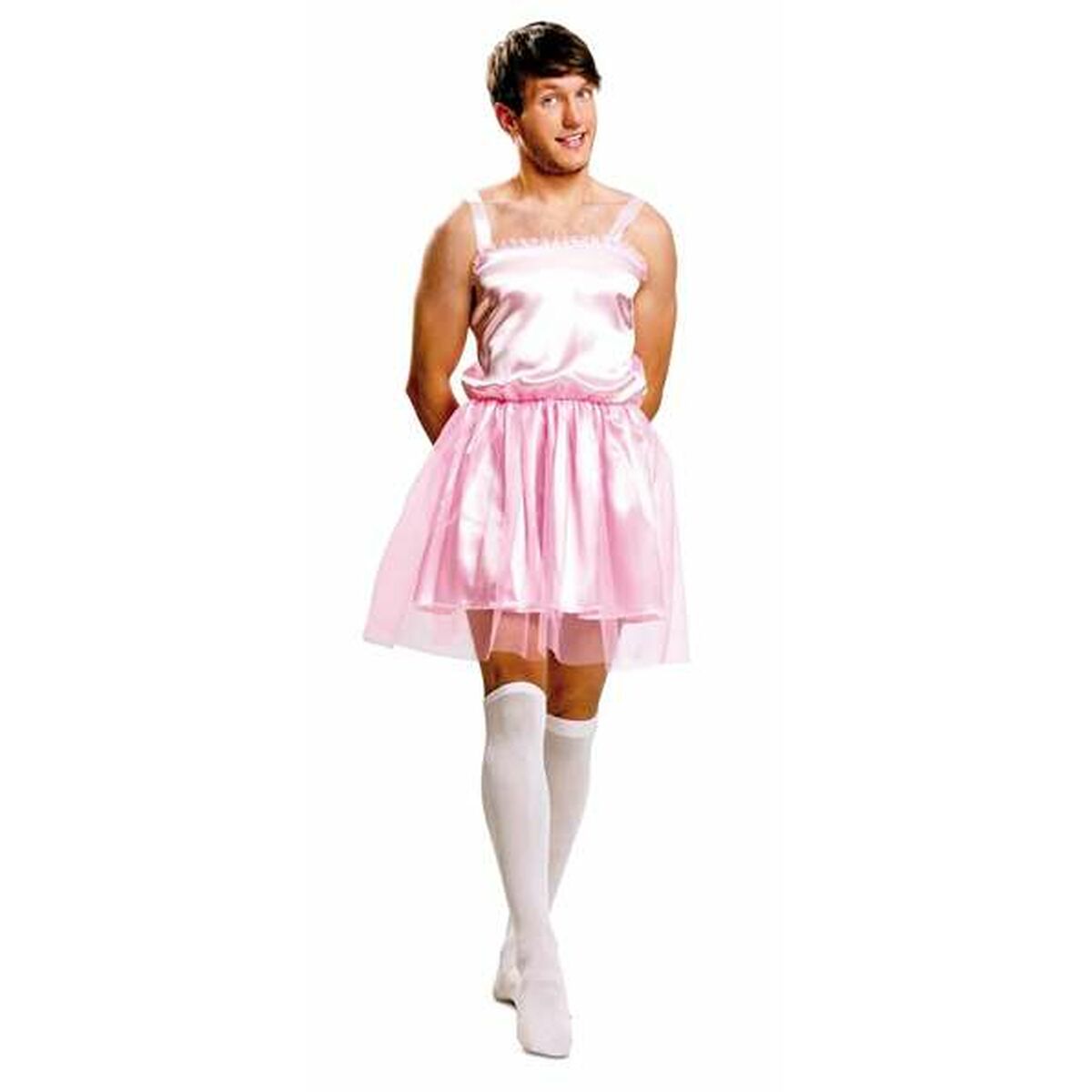 En man i en rosa ballerina-dräkt med vita knästrumpor och ett glatt uttryck.