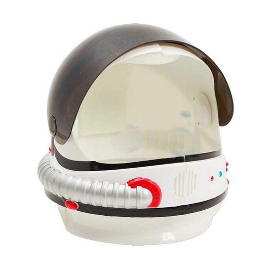 En vit och svart astronauthjälm för barn med ett mörkt, tonat visir och silverfärgade detaljer som imiterar en ventilationsslang.