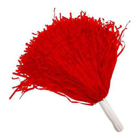 En bild på ett par knallröda, stora och fluffiga cheerleader-tofsar med vita handtag mot en vit bakgrund.