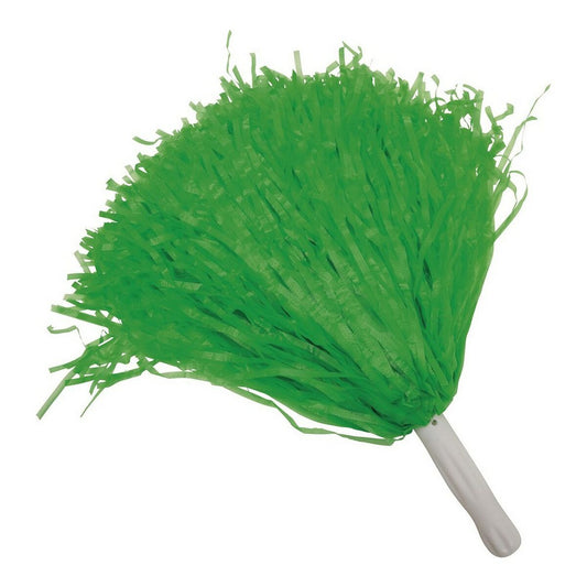 Närbild på en stor, fluffig cheerleader-tofs med tunna gröna plastremsor och ett vitt handtag.