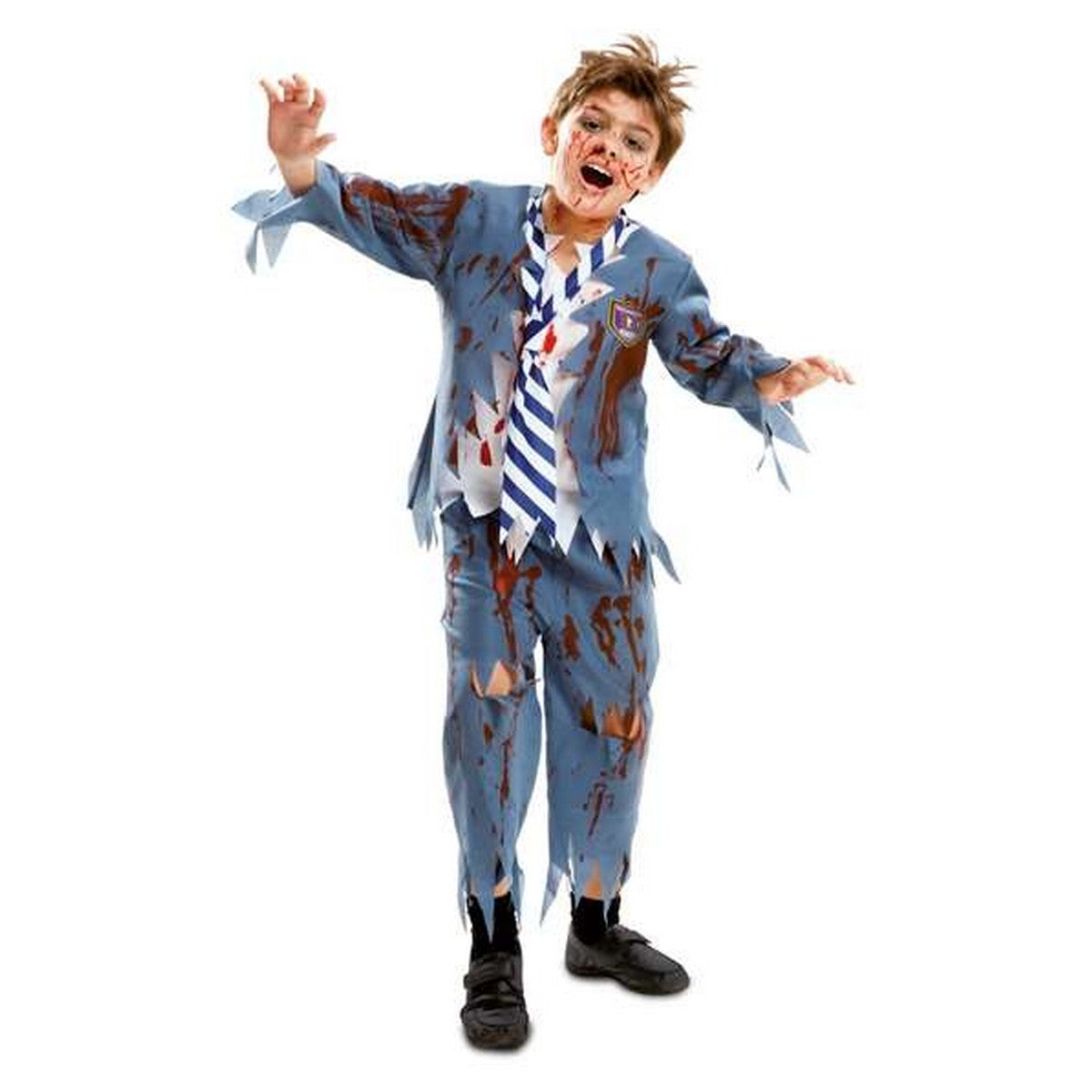 Ett barn poserar glatt i en blodig och trasig blågrå zombie skolpojksdräkt som inkluderar byxor och slips.