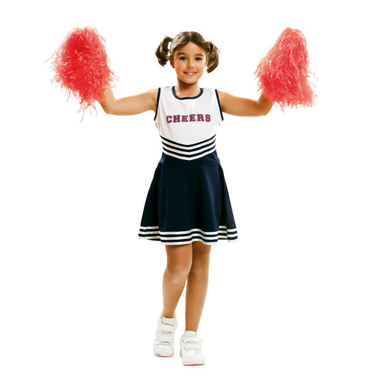 Ett glatt barn i en cheerleader-maskeraddräkt i mörkblått och vitt med texten "CHEERS" på toppen, som håller i två stora röda pom-poms.