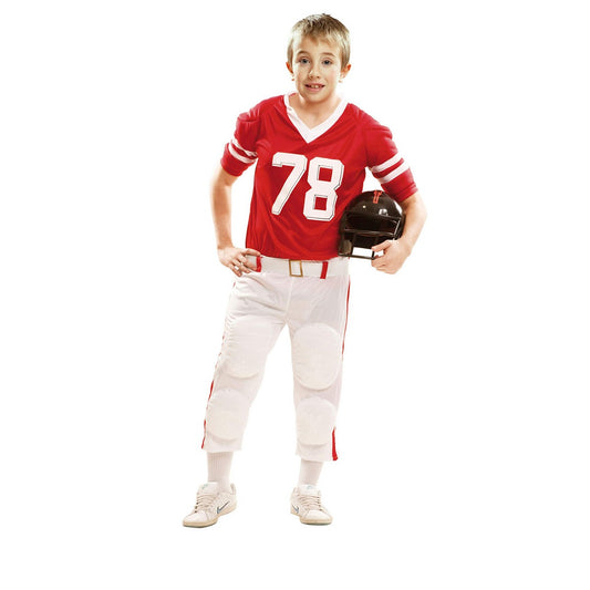 Ett glatt barn i en röd och vit rugby-maskeraddräkt för barn, storlek 7-9 år, håller en svart hjälm i handen.
