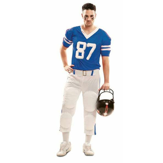 Man i en blå och vit rugbyspelardräkt med nummer 87 på tröjan och vadderade vita byxor, håller i en svart hjälm.