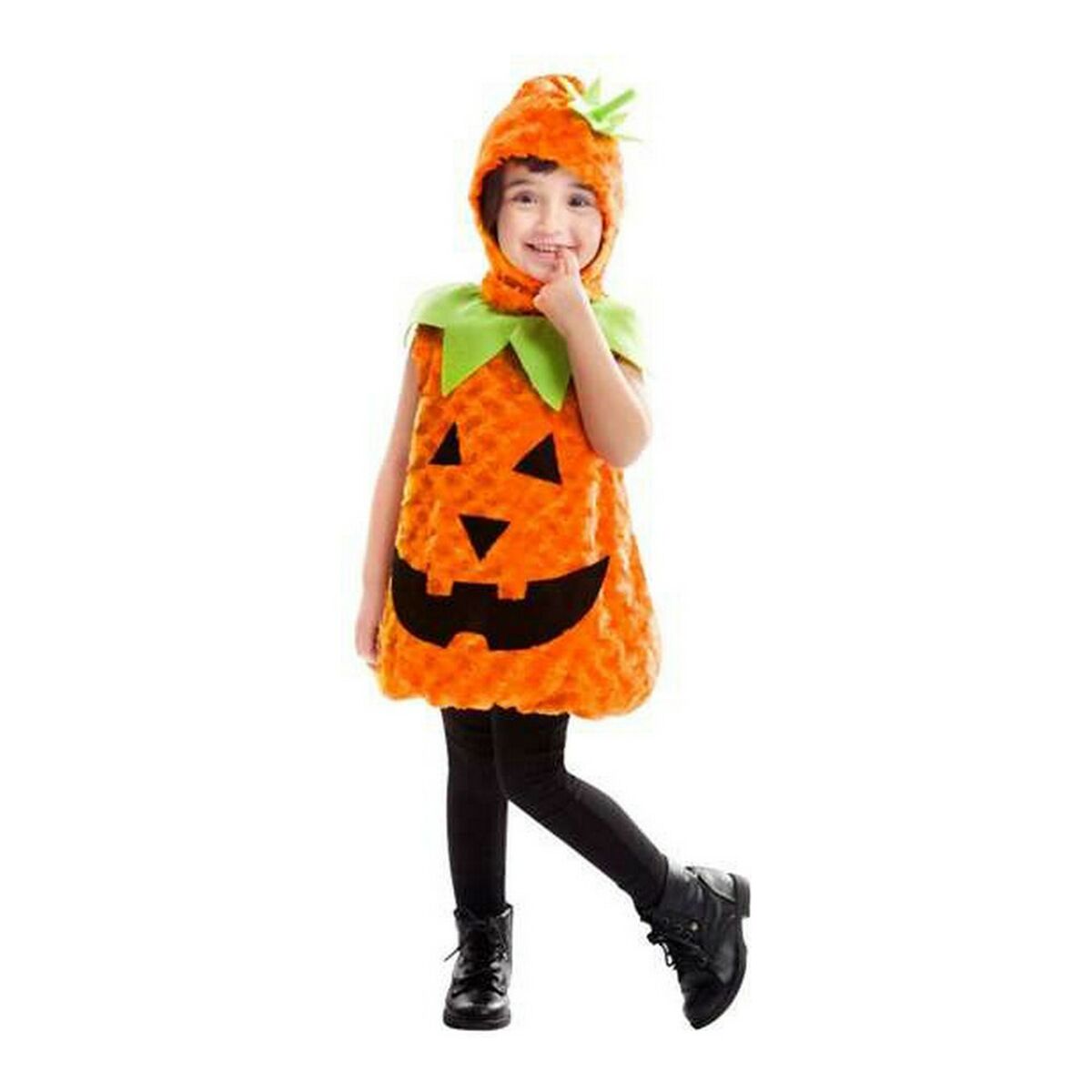 Ett glatt litet barn i en fluffig orange pumpadräkt med matchande hatt och svarta leggings.