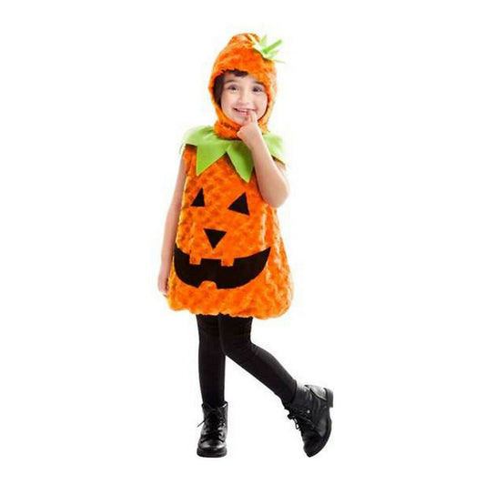 Ett glatt litet barn i en fluffig orange pumpadräkt med matchande hatt och svarta leggings.