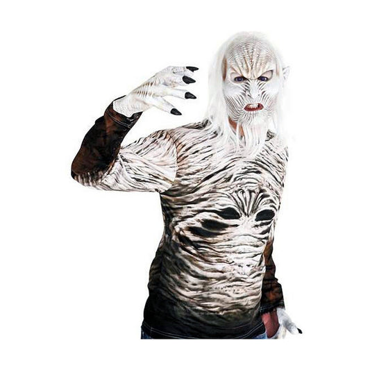 En person som bär en vit, skräckinjagande White Walker-mask med långt vitt hår och en matchande vit och brunmelerad långärmad tröja med klor på händerna.