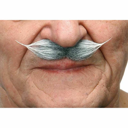 Närbild på en äldre persons ansikte med en kaxig, gråvit mustasch med spetsiga ändar fäst ovanför överläppen.