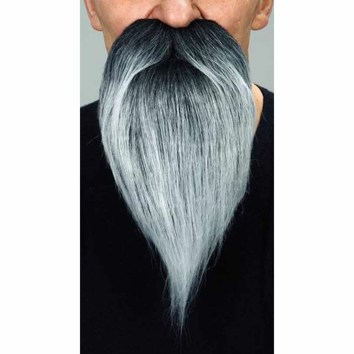 Närbild på ett långt, spetsigt lösskägg och mustasch i gråsvart färg.