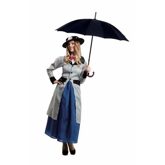 En kvinna i en grå och blå Mary Poppins-maskeraddräkt med hatt och röd fluga, hon håller ett svart paraply.