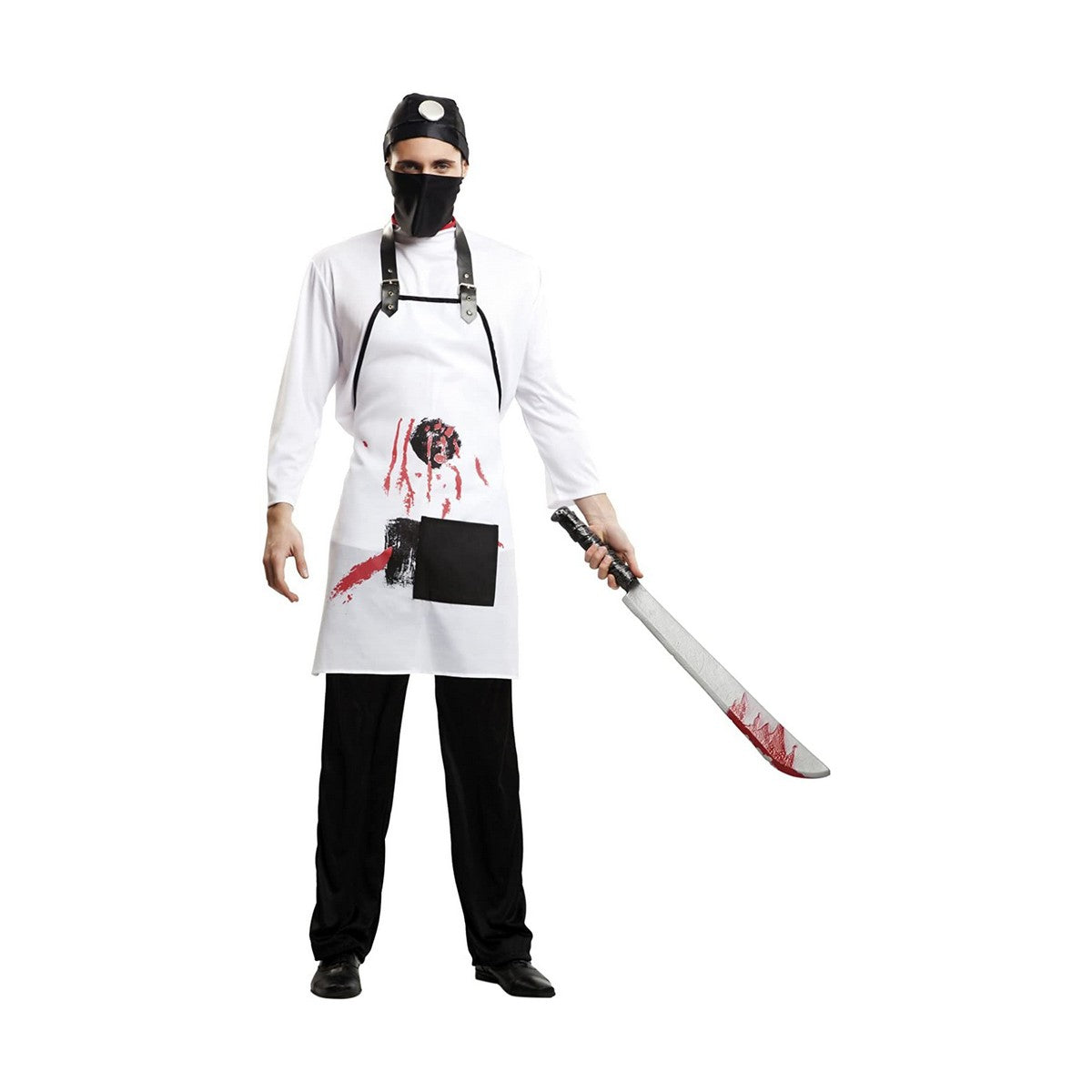 En vuxenperson klädd i en blodig doktor-killer maskeradkostym som består av vit tröja, blodstänkt förkläde, svart mask och mössa, och håller i en stor machete.