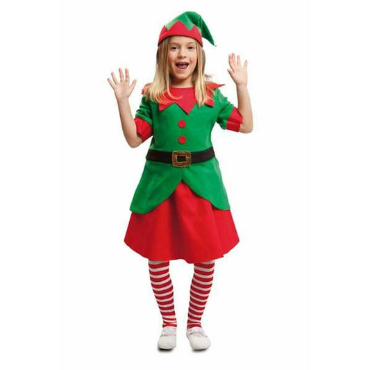 Ett glatt barn i en röd och grön jultema älvdräkt med tomteluva och röd-vit randiga strumpor.