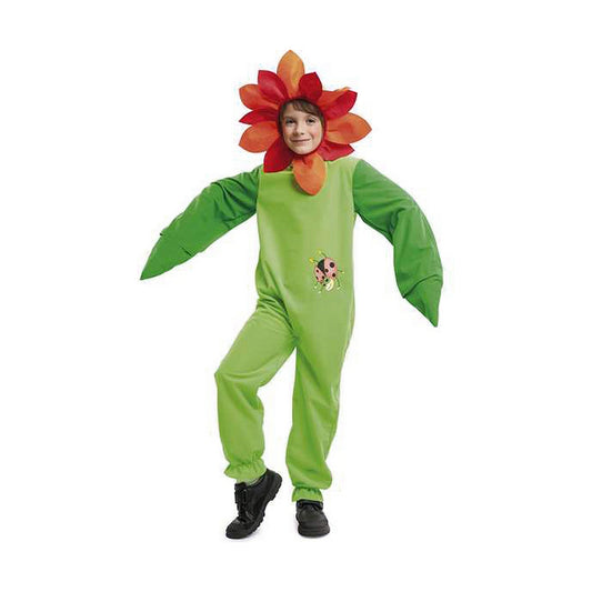 Ett glatt barn poserar i en ljusgrön helkroppsmaskeraddräkt som föreställer en växt, med en stor rödorange blomma som huvudbonad och en nyckelpige-applikation på bröstet.