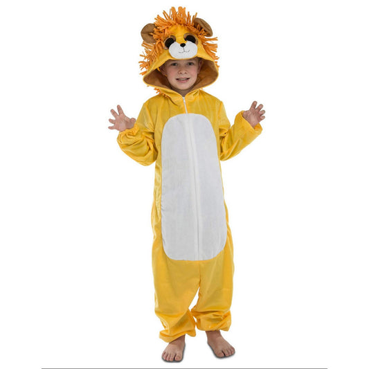 Ett glatt barn i en gul och vit onesie-maskeraddräkt föreställande ett lejon, komplett med en stor man och öron på huvan.