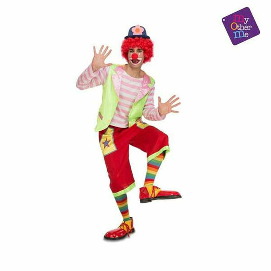 Ett barn poserar i en färgglad Rodeo Clown-maskeraddräkt med röd peruk och en neongrön väst.