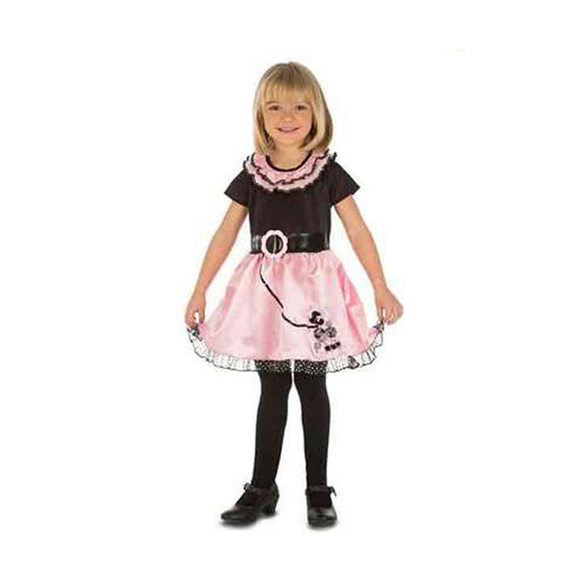 Ett barn i en rosa och svart "Miss Pink"-maskeraddräkt med en svart krage, ett brett svart bälte med en stor spänne och en rosa kjol med en svart pudeldekoration.