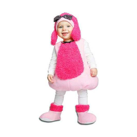 Ett litet barn i en fluffig rosa pudelmaskeraddräkt med matchande mössa och små rosa tossor.