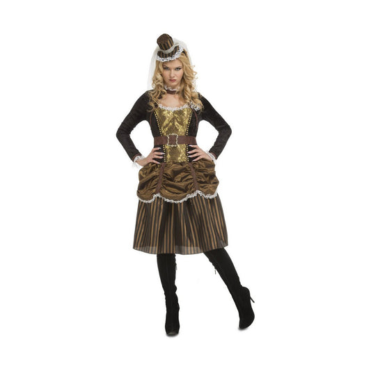 Kvinna i en brun och svart Steampunk-maskeraddräkt med långärmad överdel, en puffig kjol med rynkdetaljer och en liten hatt med slöja.