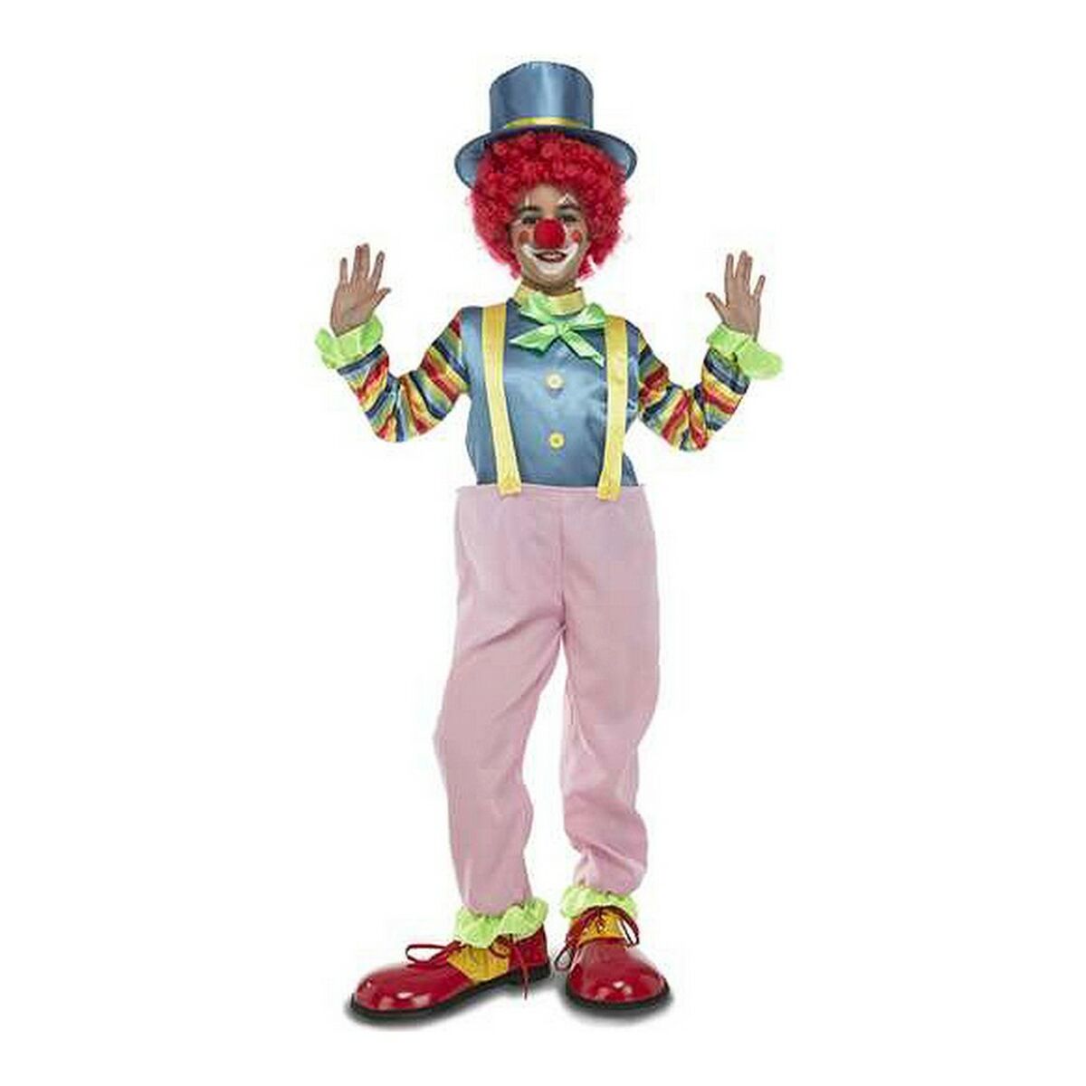 Ett barn klätt i en färggrann clowndräkt med hatt, röd peruk och smink.